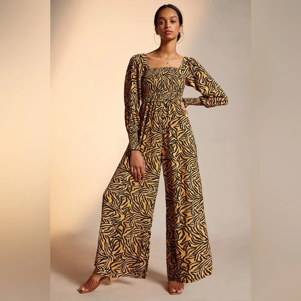 Anthropologie X Kachel tiger striped smocked wide leg jumpsuit 2 Romper Animal